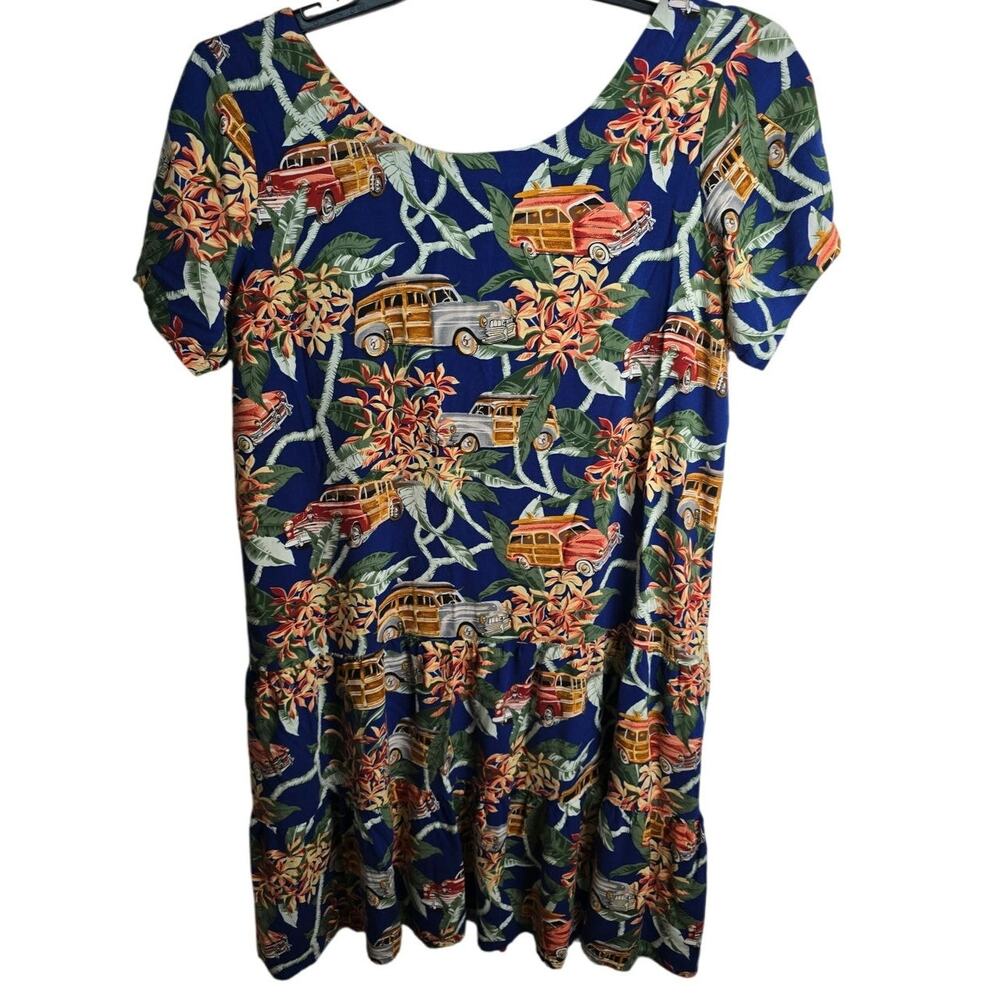 Young Hawaii Hawaiian Floral‎ Car Print Blue Short Sleeve Mini Dress No Size Tag